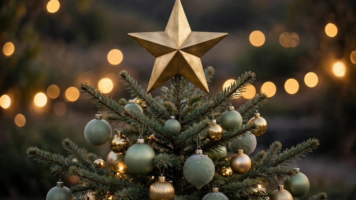 Brushed gold star tree topper above sage green and gold ornaments