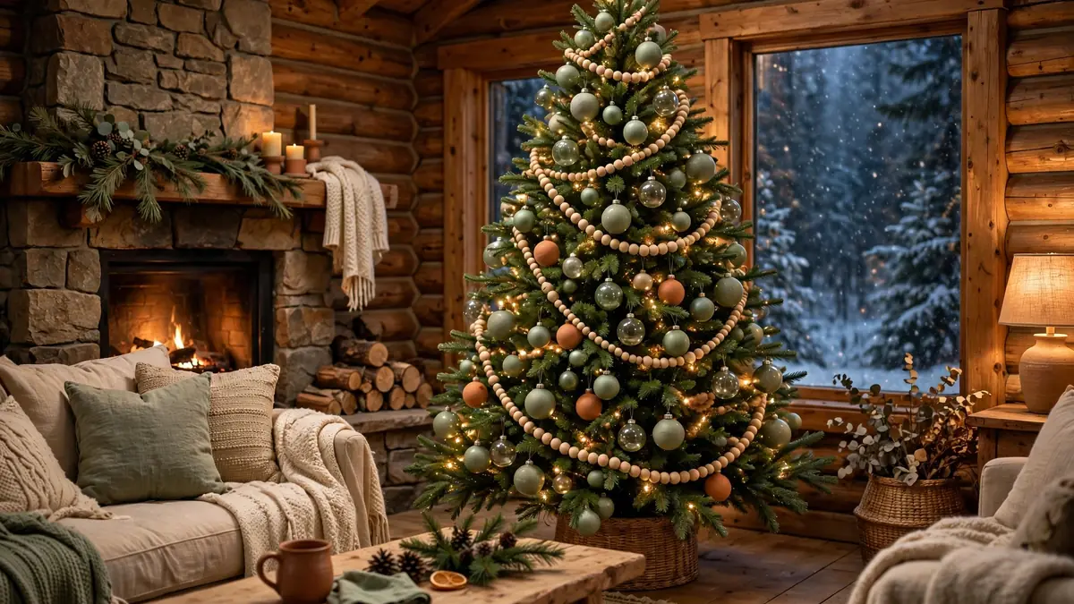 Christmas tree decorated with sage green ornaments, wooden bead garland and terracotta accents