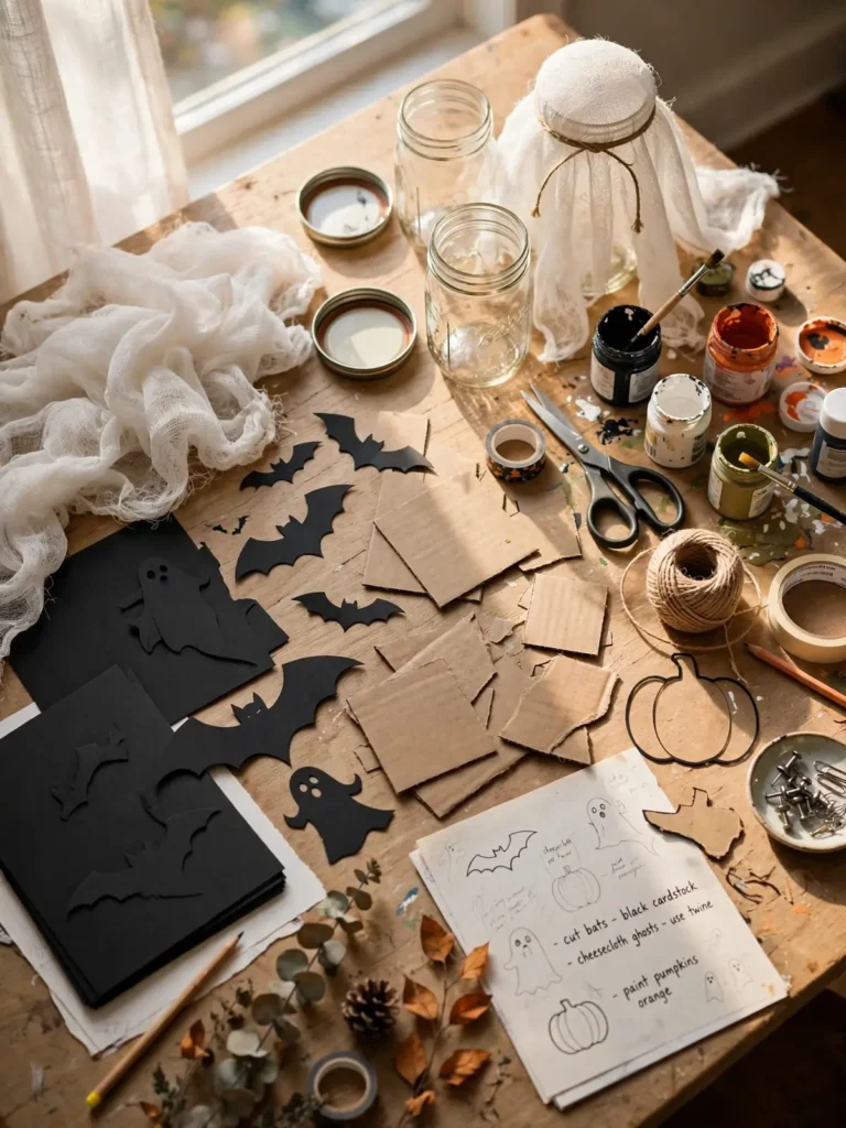 đ Homemade Halloween Decorations: 4 Spooky Ideas 2 Craft supplies for homemade Halloween decorations laid out on a table