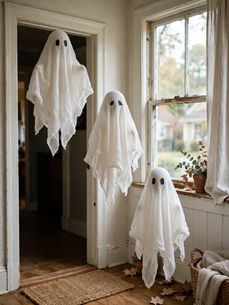 đ Homemade Halloween Decorations: 4 Spooky Ideas 3 Handmade cheesecloth ghosts hanging by a doorway and window