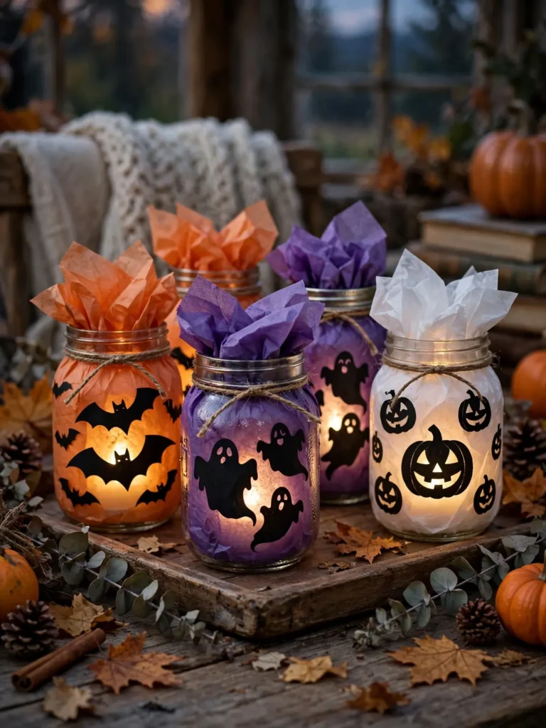 đ Homemade Halloween Decorations: 4 Spooky Ideas 4 DIY Halloween mason jar lanterns with pumpkin, bat and ghost silhouettes