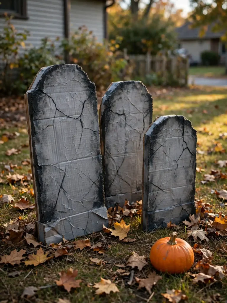 đ Homemade Halloween Decorations: 4 Spooky Ideas 5 Handmade cardboard tombstones in a front yard Halloween display