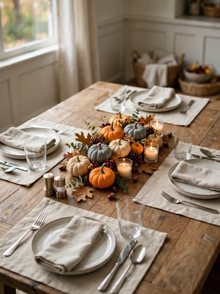 Low, compact fall table centerpiece on an everyday dining table