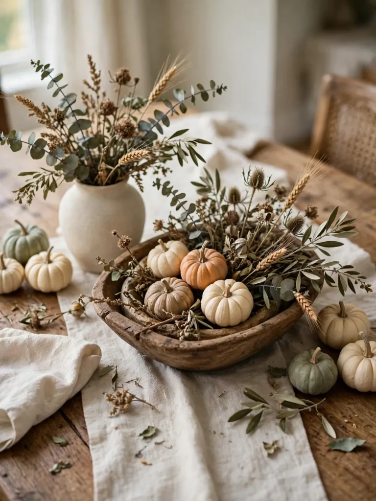 Fall table centerpiece in a wooden dough bowl with a ceramic vase and linen runner