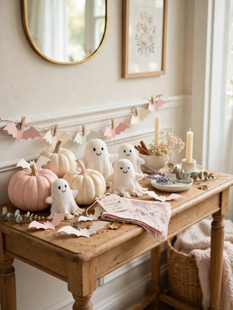 đ Homemade Halloween Decorations: 4 Spooky Ideas 8 Cute pastel homemade Halloween decorations with smiling ghosts and pink pumpkins