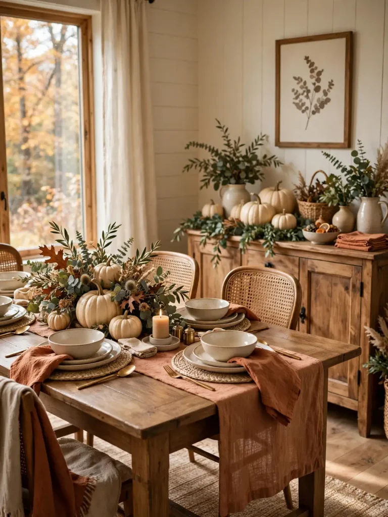 Fall dining room with centerpiece colors echoed in napkins, runner and dinnerware