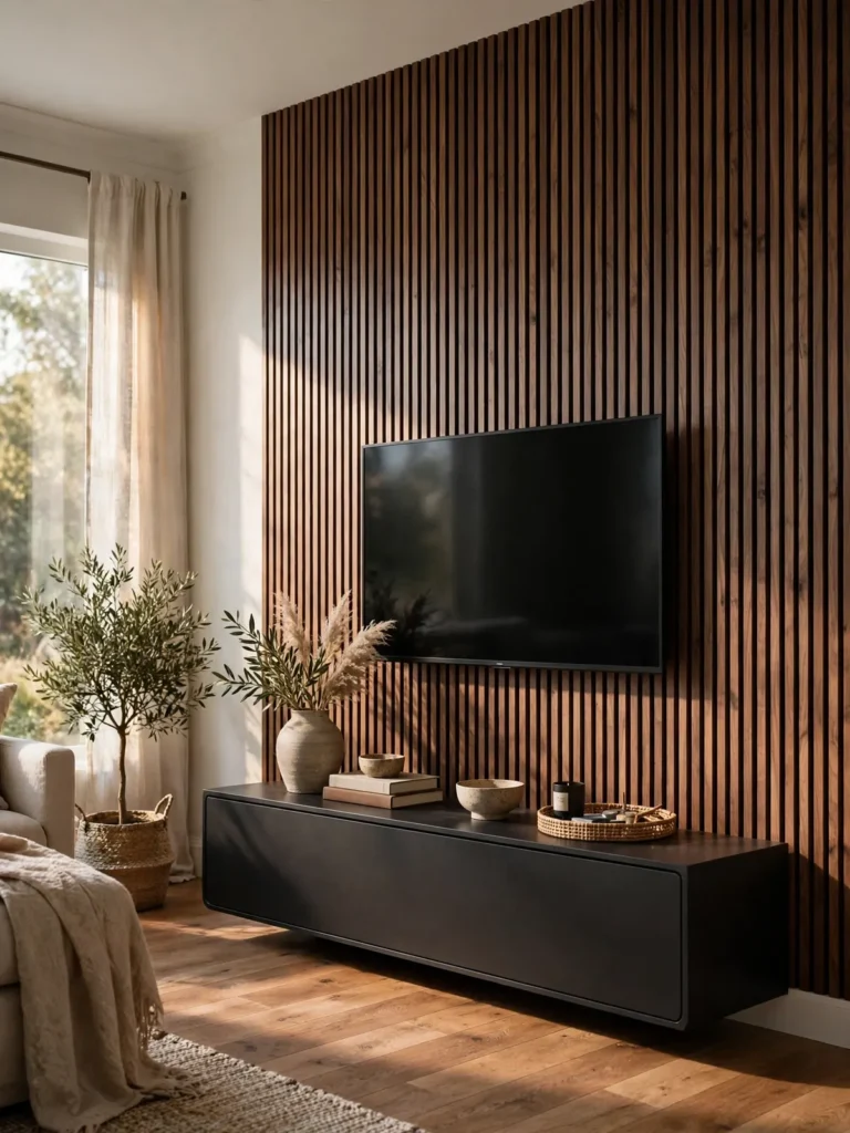 10 TV Unit for Living Room Ideas: Guide to a Stylish Space 8 TV unit for living room against a wood slat statement wall