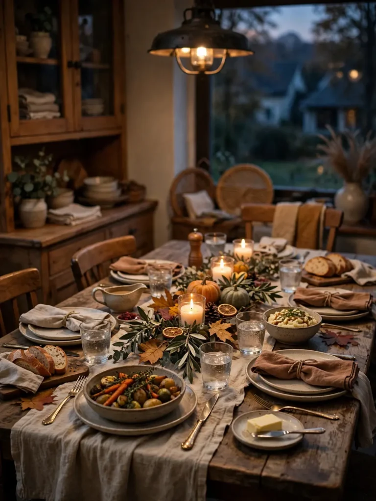 Welcoming fall dining table at dusk with a simple centerpiece and candles