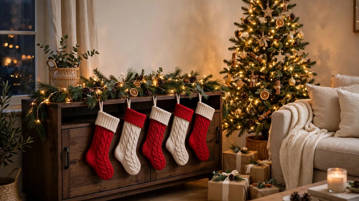 How to Hang Christmas Stockings Without a Mantel: 13 Clever, Proven No-Drill Ideas 1 How to hang christmas stockings without a mantel — red stockings hanging from a TV console with garland and warm fairy lights in a cozy living room