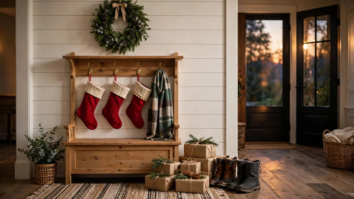 How to Hang Christmas Stockings Without a Mantel: 13 Clever, Proven No-Drill Ideas 10 Entryway hall tree and coat rack with christmas stockings hanging from the hooks, a wreath above and presents below