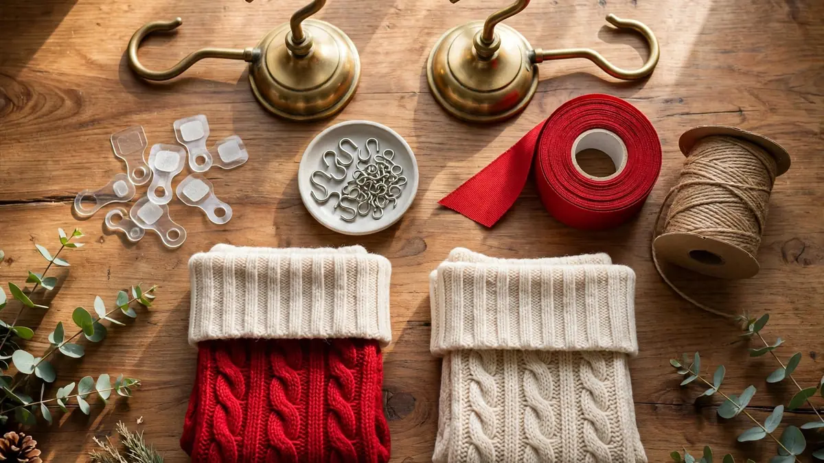How to Hang Christmas Stockings Without a Mantel: 13 Clever, Proven No-Drill Ideas 2 Flat lay of stocking hanging supplies — weighted brass stocking holders, adhesive hooks, red ribbon and S-hooks on a wooden table