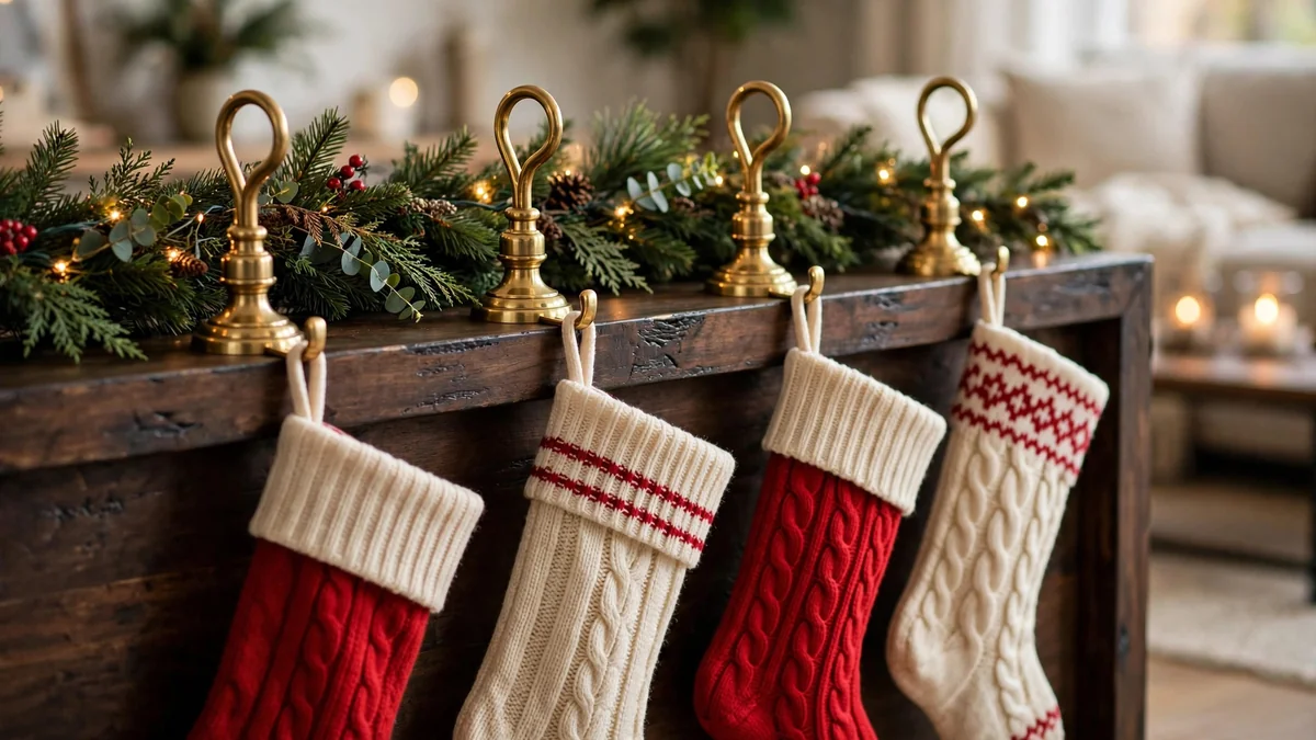How to Hang Christmas Stockings Without a Mantel: 13 Clever, Proven No-Drill Ideas 3 Weighted brass stocking holders holding red and cream stockings along the edge of a dark wood TV console with a garland behind