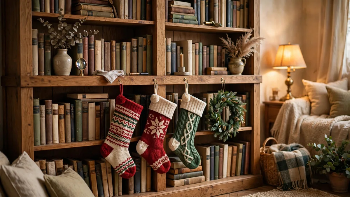 How to Hang Christmas Stockings Without a Mantel: 13 Clever, Proven No-Drill Ideas 4 Christmas stockings hanging from hooks under a bookcase shelf edge between rows of books, with a small wreath beside them