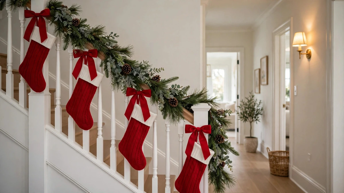 How to Hang Christmas Stockings Without a Mantel: 13 Clever, Proven No-Drill Ideas 5 Red christmas stockings tied to a white staircase railing with wide ribbon bows and a pine garland woven along the banister