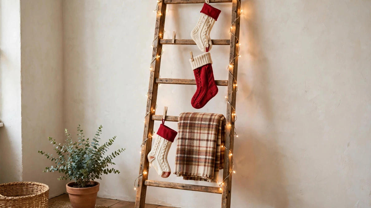 How to Hang Christmas Stockings Without a Mantel: 13 Clever, Proven No-Drill Ideas 6 Wooden blanket ladder leaning against a wall with christmas stockings hanging from the rungs and warm string lights wrapped around it