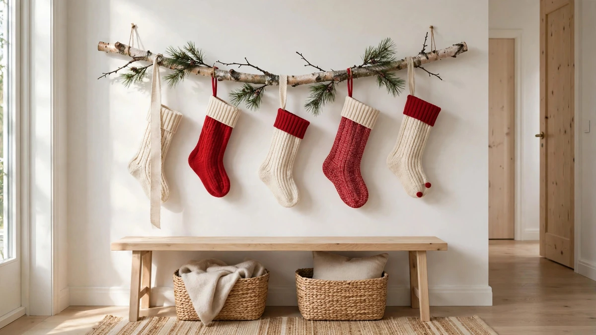 How to Hang Christmas Stockings Without a Mantel: 13 Clever, Proven No-Drill Ideas 7 Birch branch wall display with cream and red stockings hanging from ribbon loops in a bright hallway