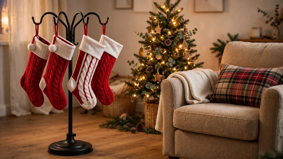 How to Hang Christmas Stockings Without a Mantel: 13 Clever, Proven No-Drill Ideas 8 Freestanding black metal stocking holder stand with four stockings beside a cozy armchair and a small christmas tree