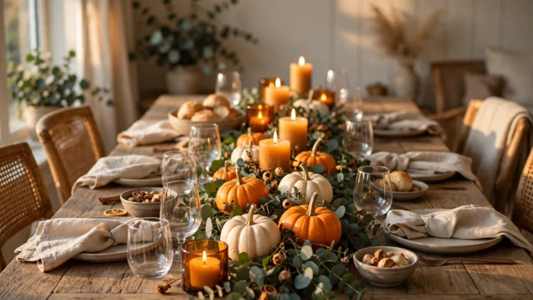 Thanksgiving Centerpiece Ideas: 15 Stunning Must-Try DIY Looks for a Table That Wows 1 Thanksgiving centerpiece with white and orange pumpkins, eucalyptus and amber candles down a styled dining table