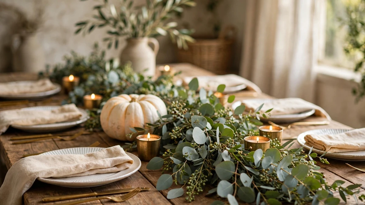 White pumpkin and eucalyptus garland runner with brass votives on a wooden dining table