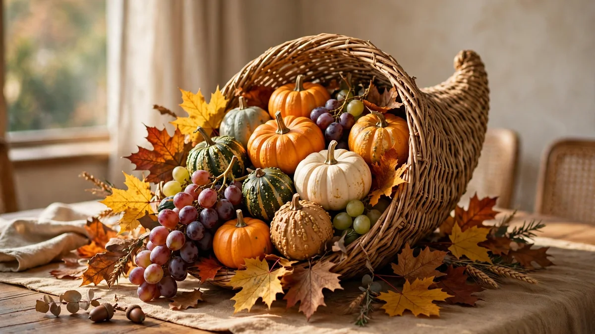 Classic cornucopia, one of the timeless thanksgiving centerpiece ideas, overflowing with mini pumpkins, gourds, grapes and autumn leaves