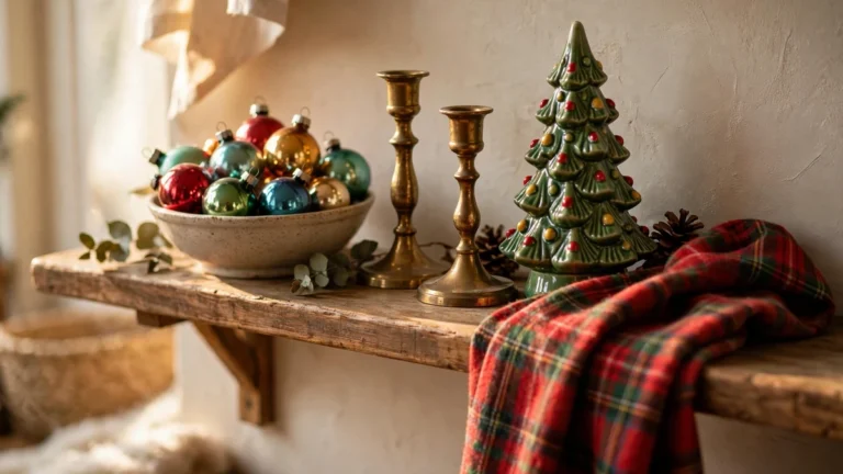 Thrifted Christmas Decor: 19 Stunning Vintage Finds You Must Buy in October 3 Thrifted christmas decor on a wooden shelf with vintage glass ornaments, brass candlesticks and a ceramic tree
