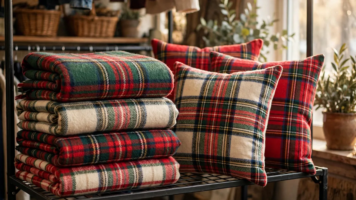 Folded thrifted plaid wool blankets and tartan Christmas cushions in red, green and cream