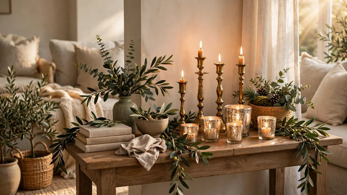Brass candlesticks and mercury glass votives styled with greenery as thrifted christmas decor on a console table