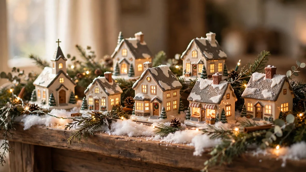 Vintage ceramic Christmas village houses with faux snow and string lights on a mantel