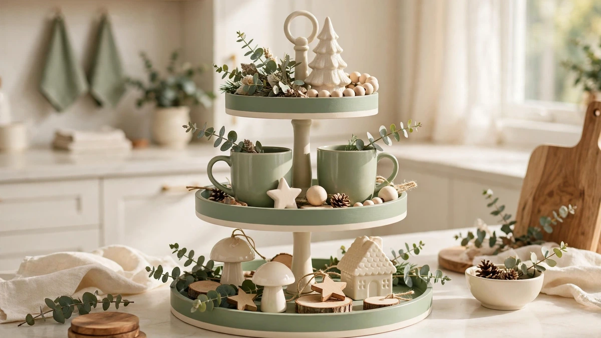 Sage green and cream christmas tiered tray with green mugs, eucalyptus and natural wood accents