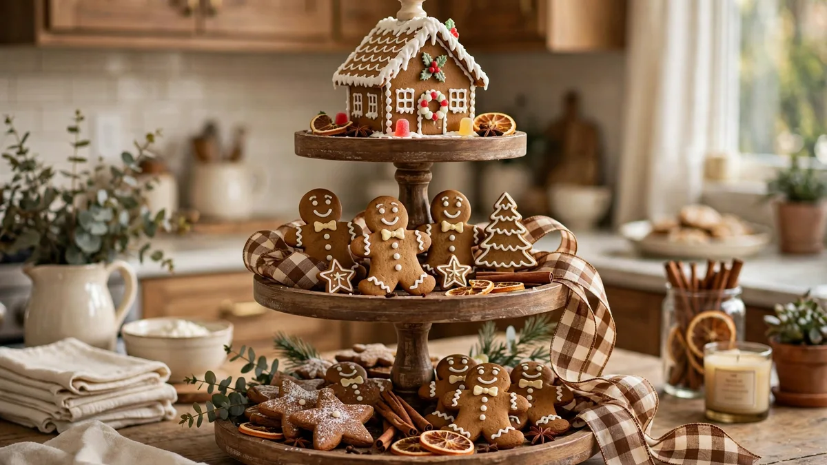 Gingerbread themed christmas tiered tray with a small gingerbread house, figures and plaid ribbon