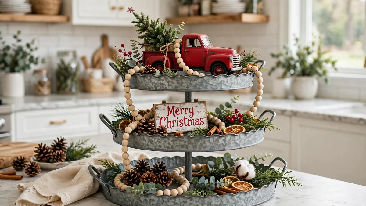 Farmhouse galvanised tiered tray with a mini red truck carrying a Christmas tree, wood beads and pinecones