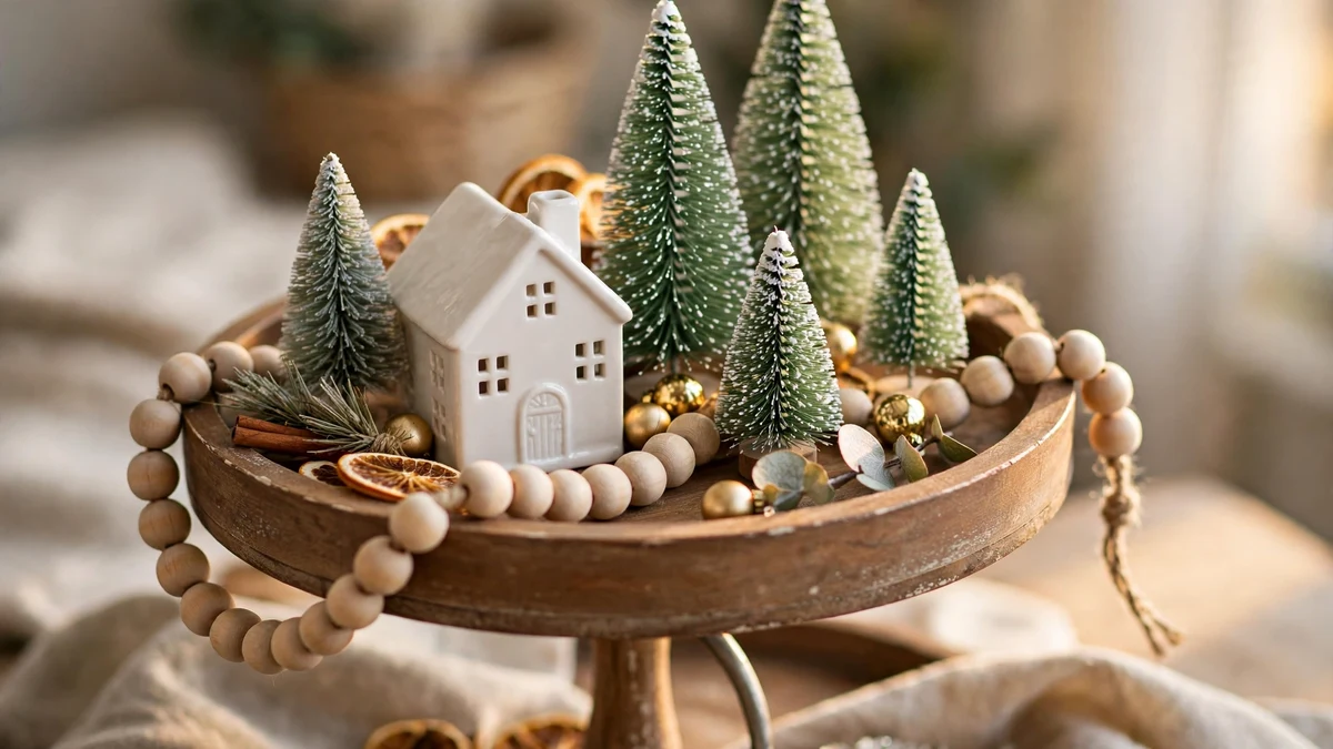 Close-up of a christmas tiered tray top tier with a white ceramic house, bottle brush trees and wood bead garland