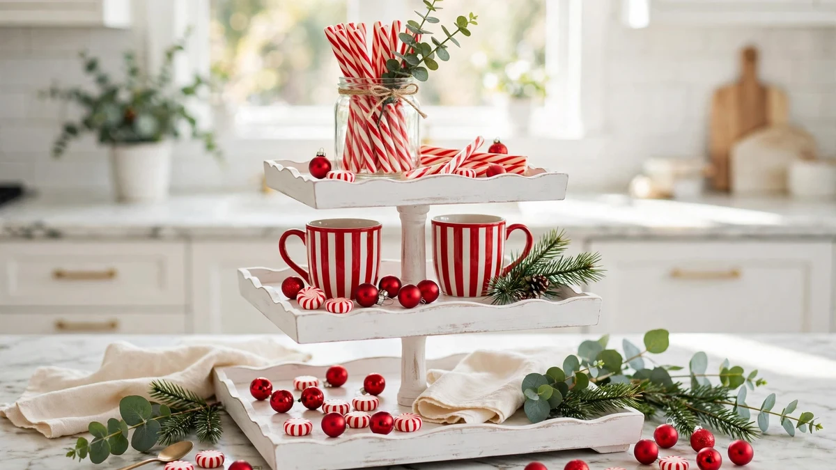 Peppermint themed christmas tiered tray with red and white striped mugs, peppermint sticks and red mini ornaments