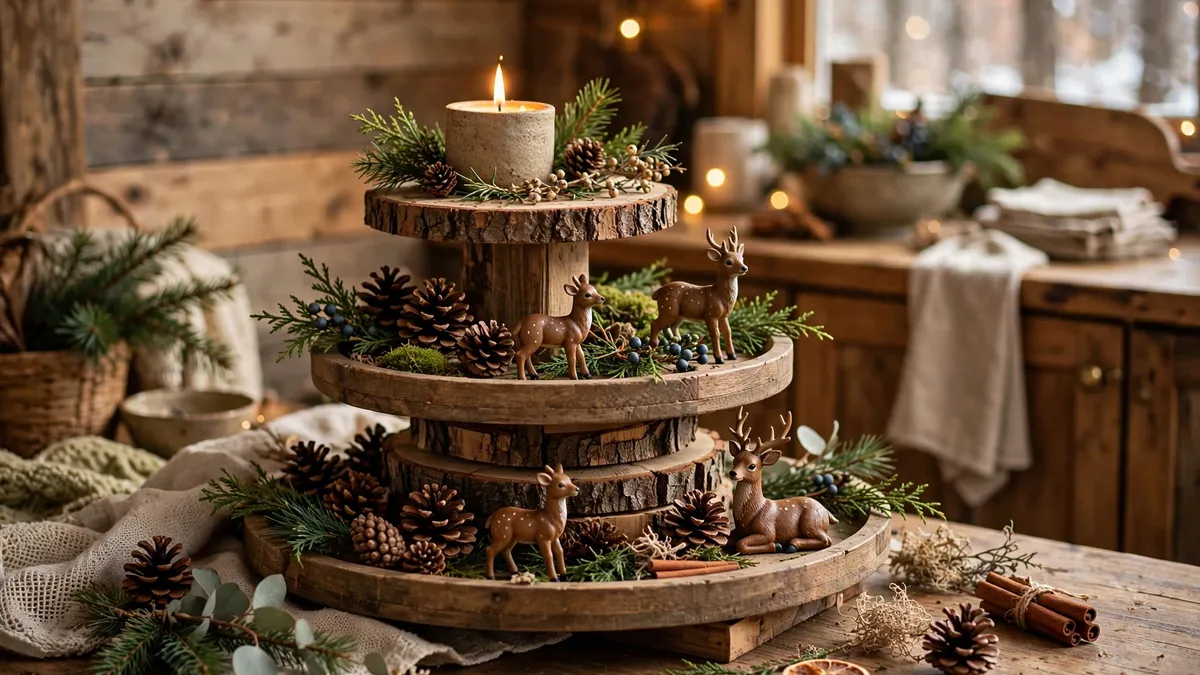Rustic woodland tiered tray with pinecones, mini deer, wood slice risers and a candle