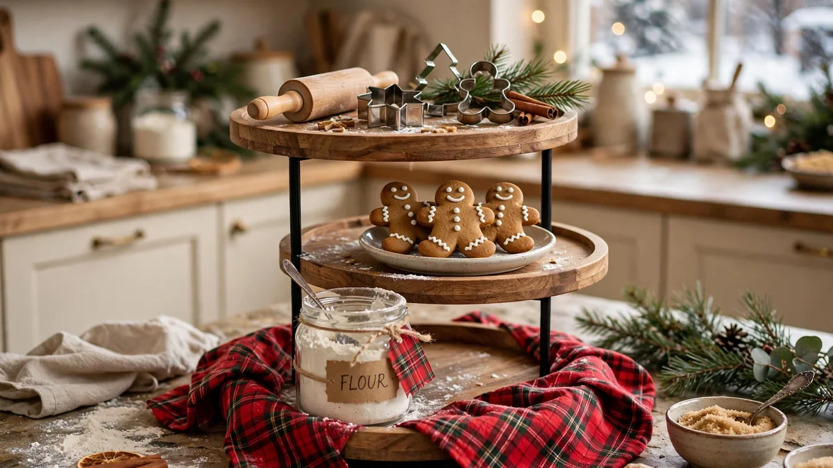 Gingerbread baking themed tiered tray with a rolling pin, cookie cutters and gingerbread cookies