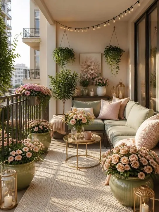 : Pink Flower Sage Gold Balcony Decor Ideas image 229