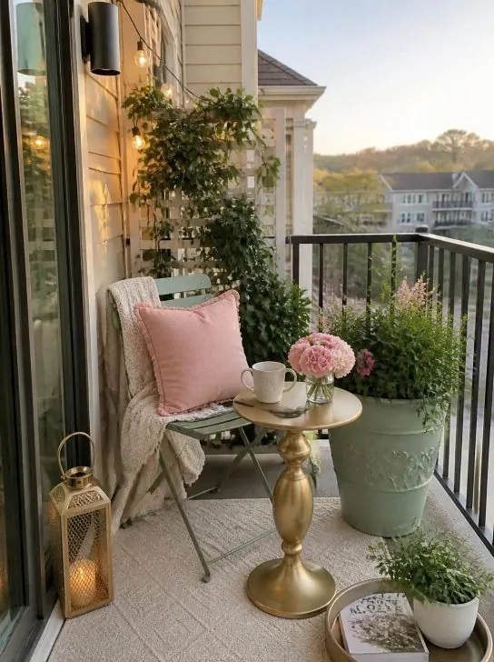 Cozy Pink Sage Small Apartment Balcony Coffee Corner image 234