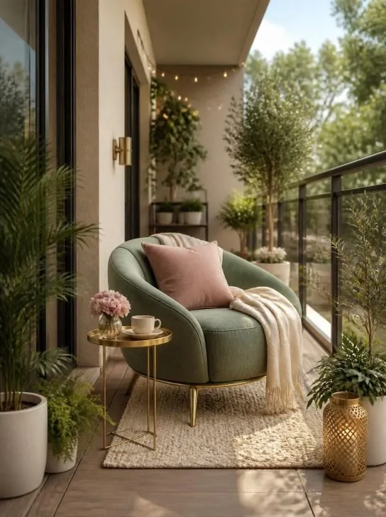 Small Apartment Balcony Ideas With a Sage Statement Chair image 235