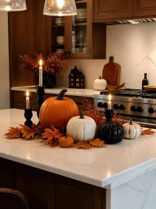 Spooky halloween kitchen countertop decor with orange, white, and black pumpkins, lit black taper candles, and fall leaves on a marble island