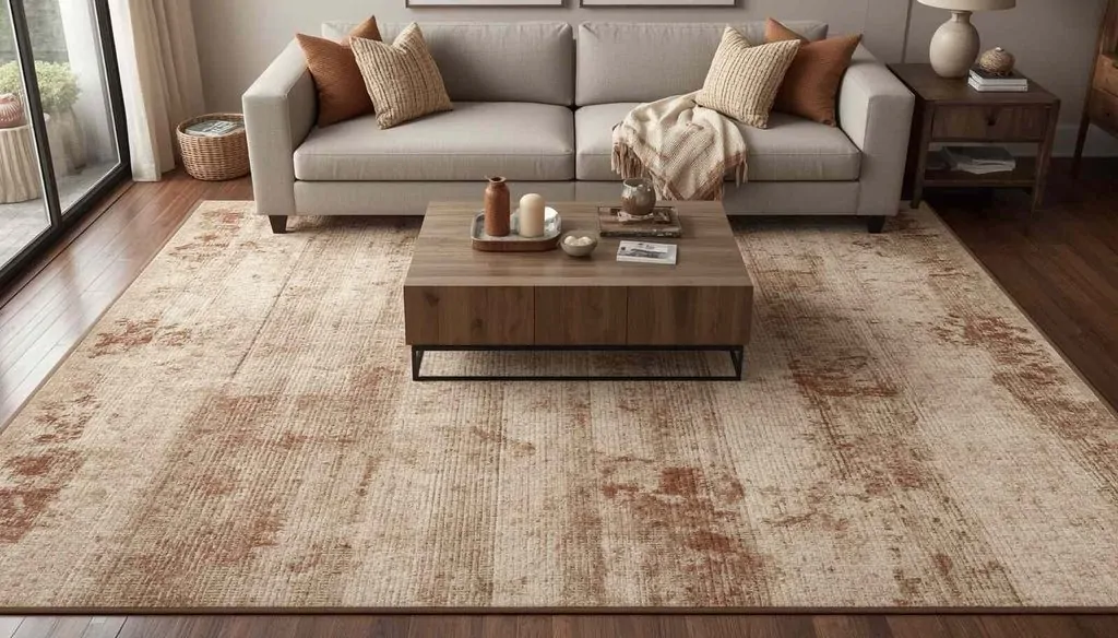 Cozy living room with a textured warm-toned area rug and autumn-inspired furnishings image 8