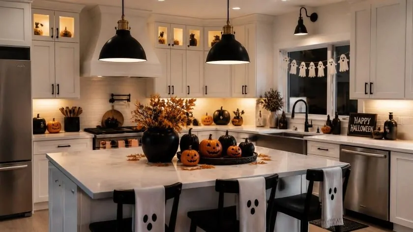 White kitchen with halloween kitchen decor — jack-o-lanterns and pumpkins on a marble island, a Happy Halloween sign, and a ghost banner
