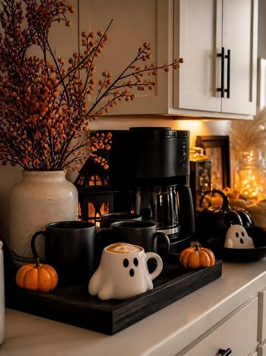 Cozy halloween kitchen coffee station with a ghost-shaped mug, black mugs on a tray, mini pumpkins, and warm glowing lights