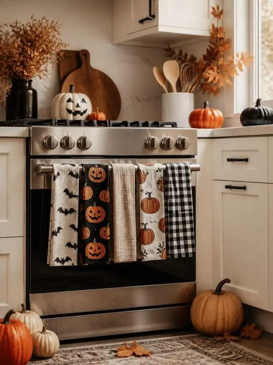 Halloween kitchen towels with bat, jack-o-lantern, and pumpkin prints hanging on a stove, with jack-o-lanterns and fall foliage on the stovetop