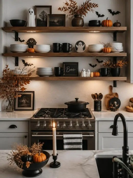 Spooky halloween kitchen shelves styled with ghost figures, black bowls, orange pumpkins, bats, and a Boo sign above the stove