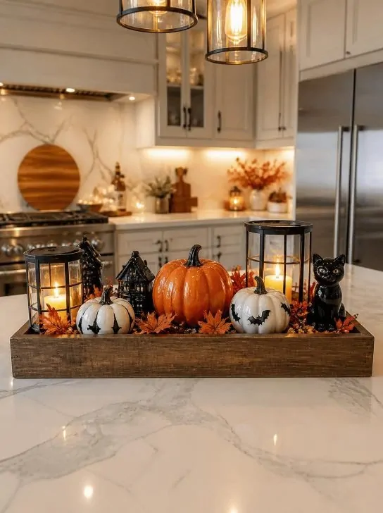 Halloween kitchen island decor with a wooden tray centerpiece of pumpkins, candle lanterns, a black cat figurine, and fall leaves on a marble island