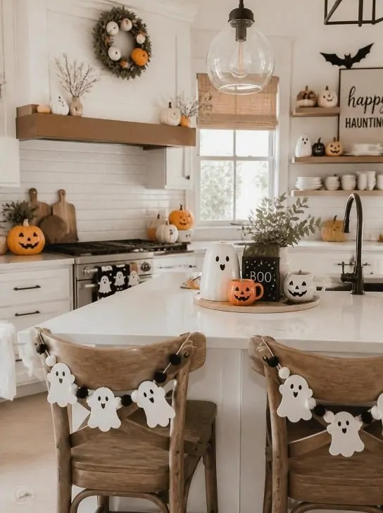 Cute pumpkin and ghost halloween kitchen decor with ghost garlands on bar stools, pumpkin mugs, jack-o-lanterns, and a Happy Haunting sign in a white kitchen