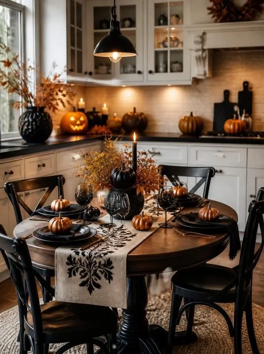 Cozy halloween kitchen dining nook with a round table set with black plates, mini pumpkins, a spiderweb table runner, and a glowing jack-o-lantern