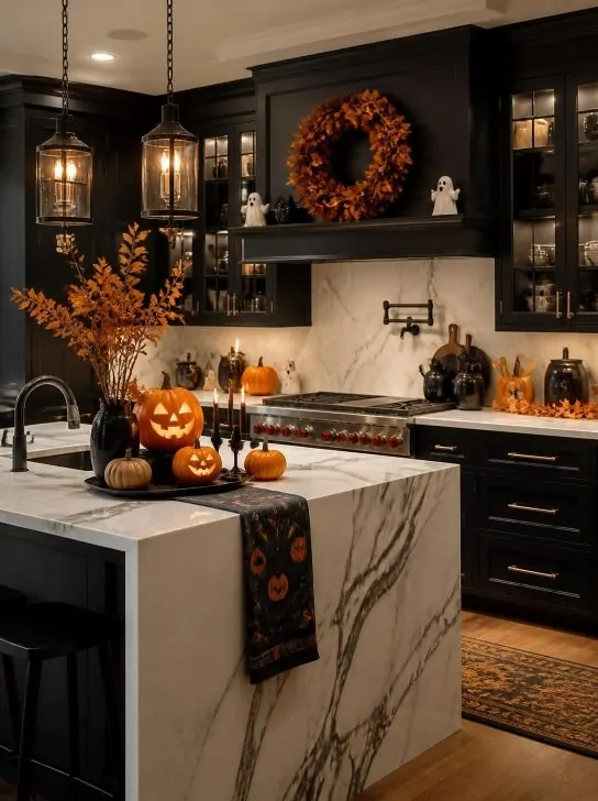 Elegant black and white halloween kitchen makeover with glowing jack-o-lanterns on a marble island, an orange fall wreath on the range hood, and small ghost figures