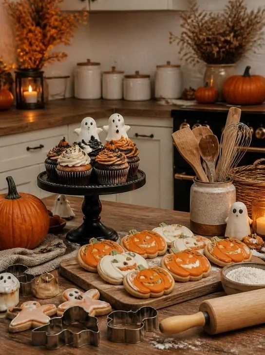 Spooky halloween kitchen baking station with ghost-topped cupcakes on a black cake stand, jack-o-lantern cookies, cookie cutters, and a rolling pin