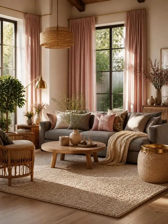 16+ Stunning Boho Living Room Grey Ideas for a Chic, Cozy & Dreamy Home 3 boho living room grey sofa with pink curtains